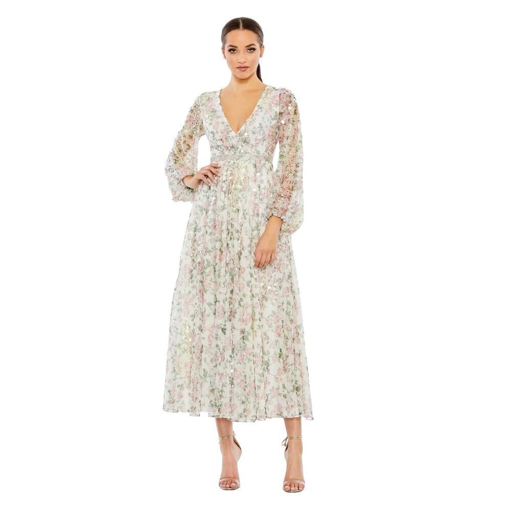 Mac Duggal 93788 White Embellished Floral‎ Print Faux Wrap Dress Size 8 $498